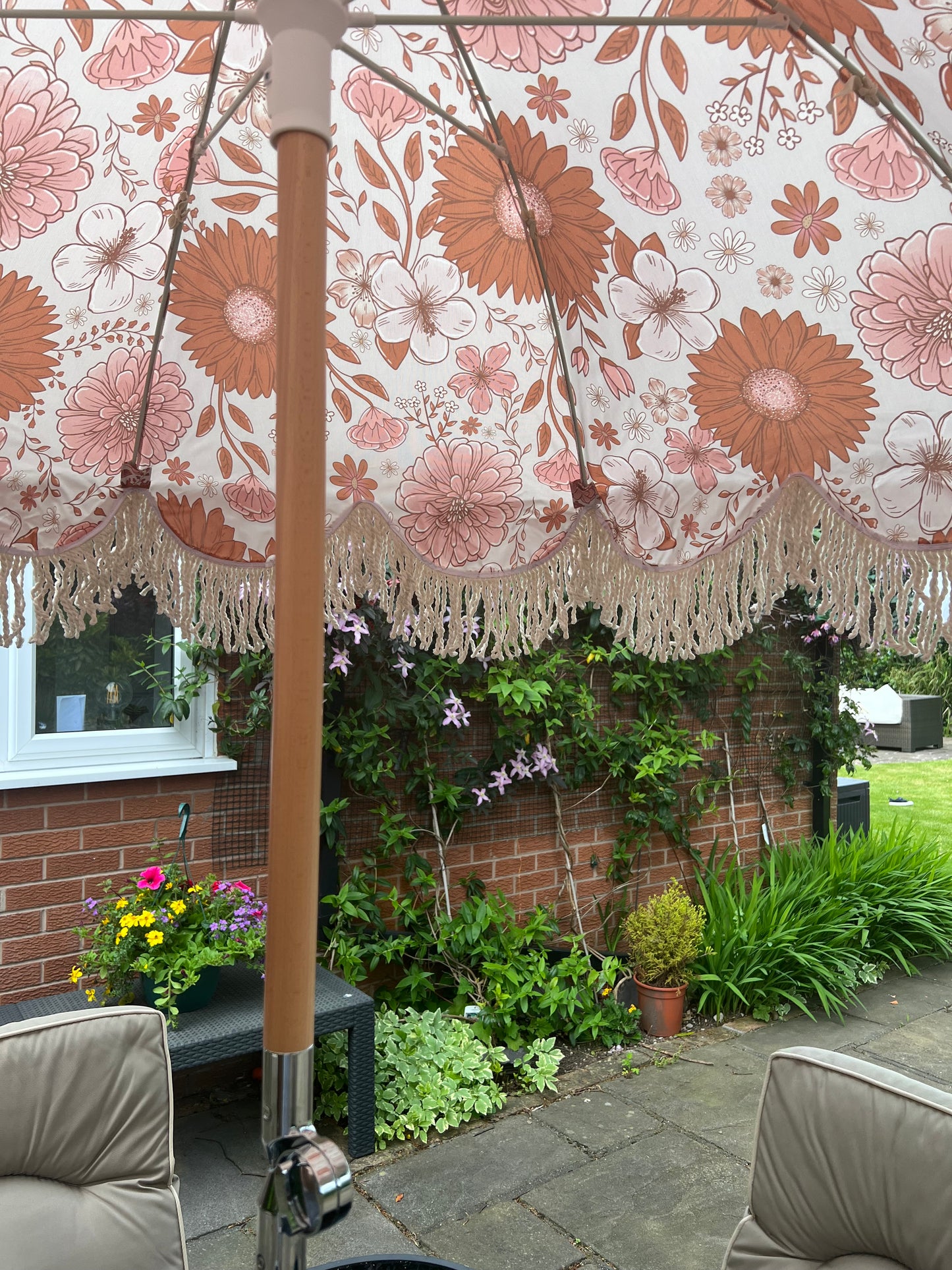 ‘The Aurelia’ Vintage White Canopy & Floral Print Underneath Boho Print Vintage Sun Umbrella Parasol