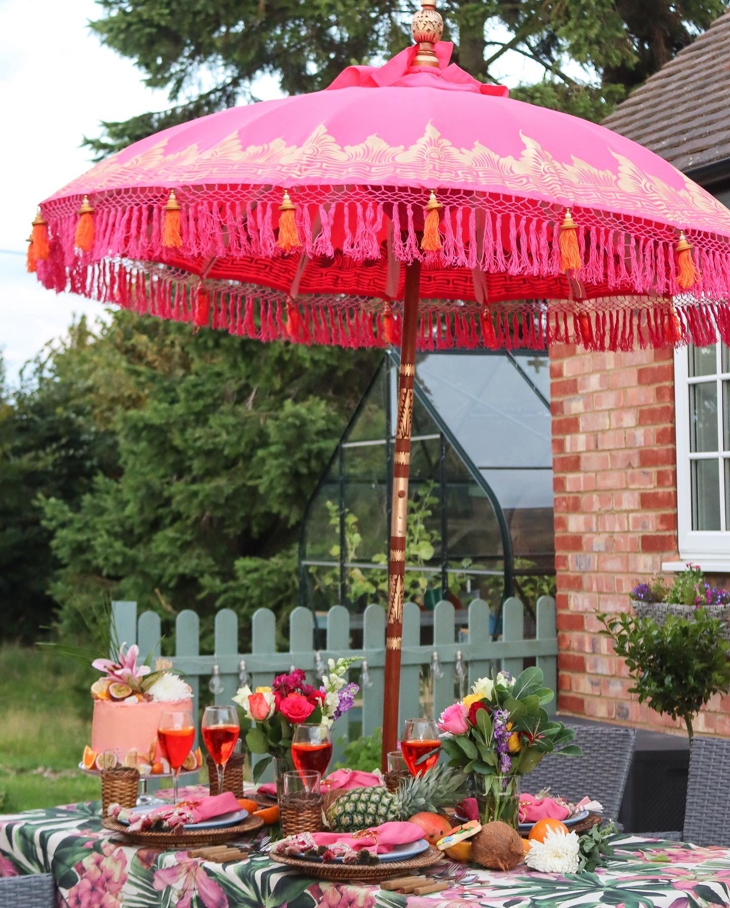 bright pink patio umbrella ‘The Cosmo' Bright Fuchsia Pink and Orange Fringe Bali Sun Garden Parasol Umbrella