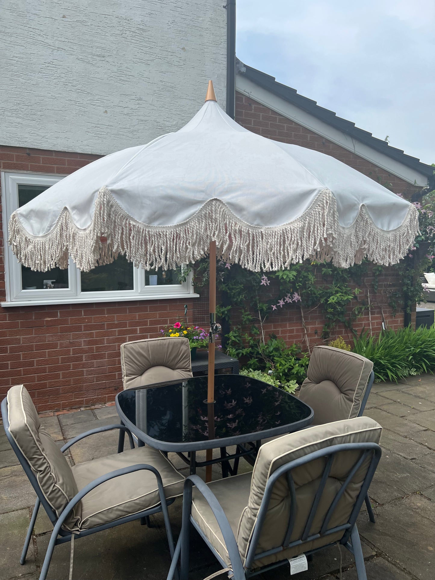 ‘The Aurelia’ Vintage White Canopy & Floral Print Underneath Boho Print Vintage Sun Umbrella Parasol
