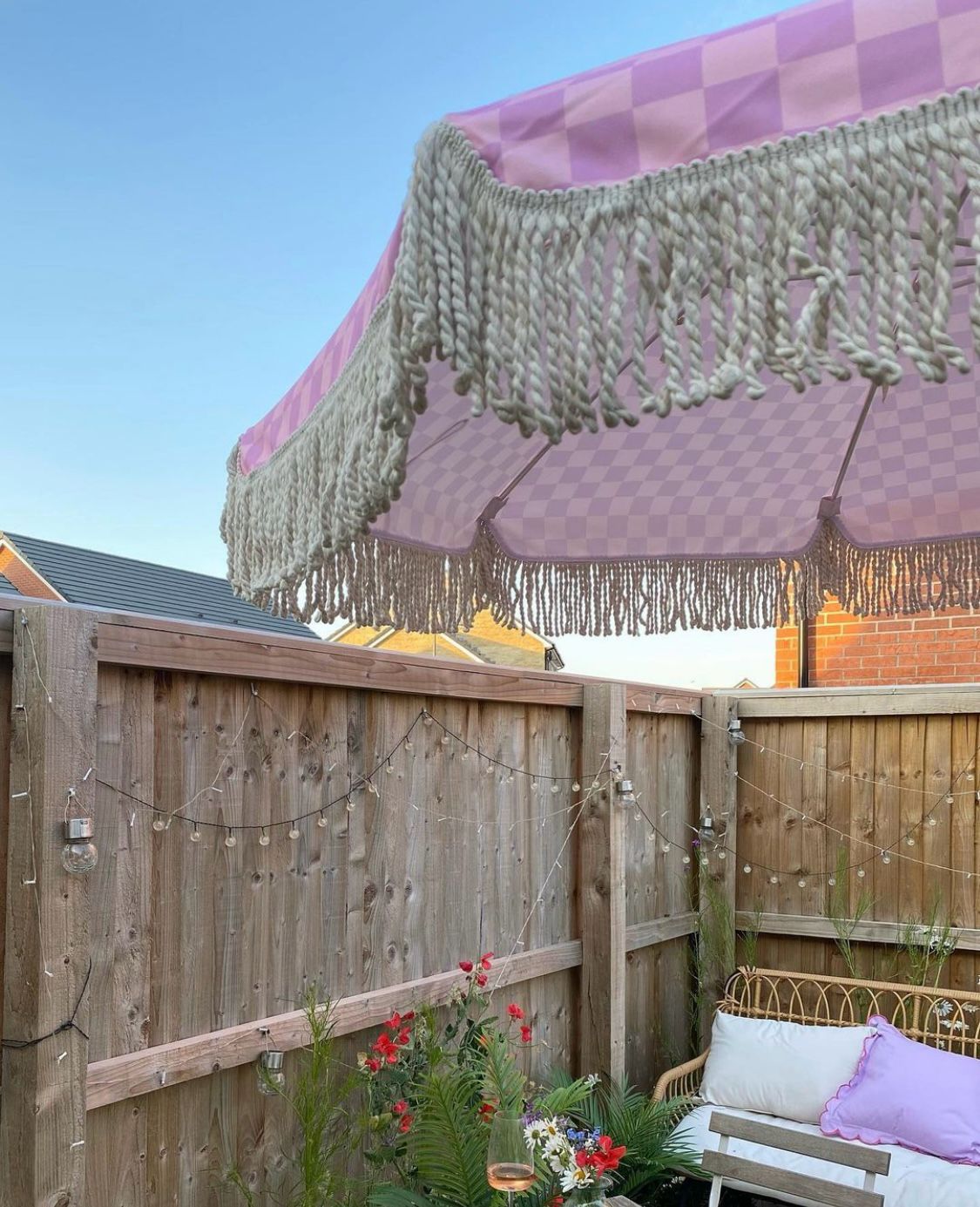 lilace patio umbrella 'The Zoe' Pink and Lilac Check Print Boho Parasol Umbrella Sun Garden Parasol