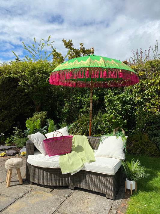 bali parasol green and pink tassels