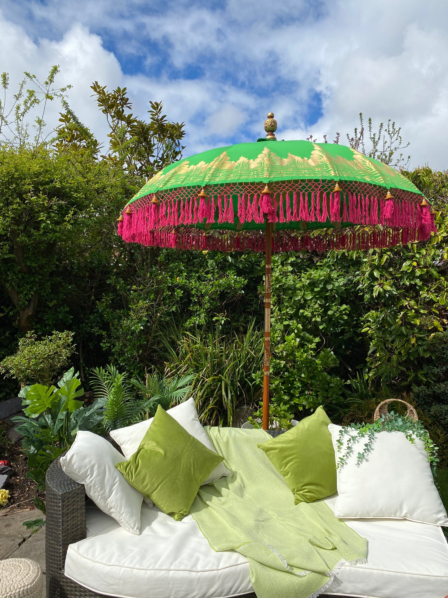 green and pink bali parasol