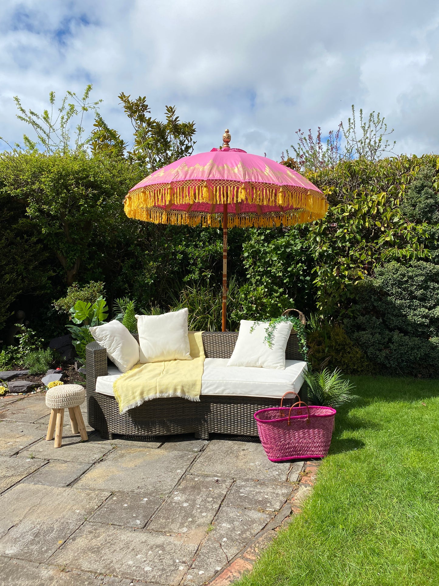 'The Elise' Pink and Yellow Bali Parasol Garden Umbrella