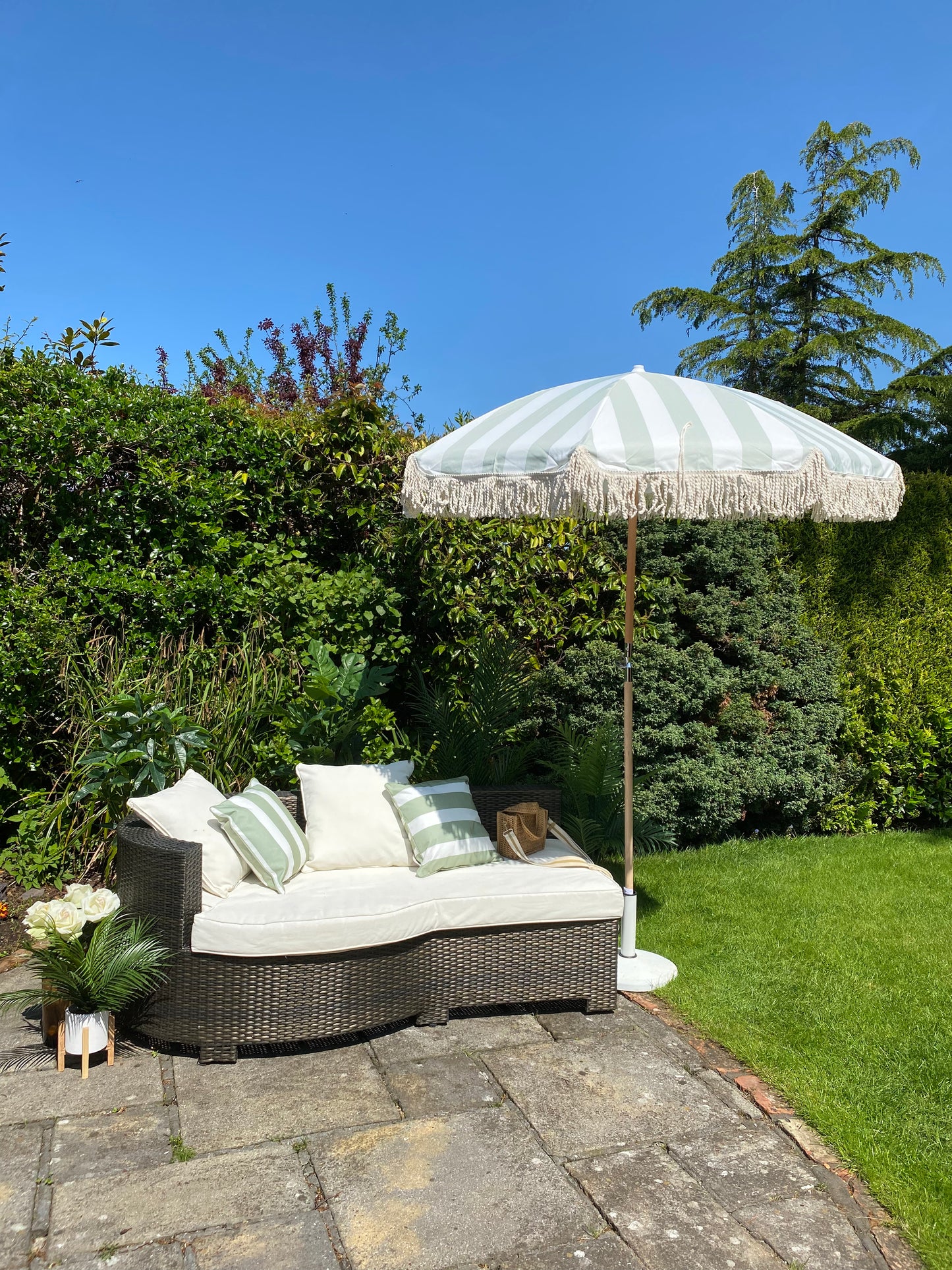 sage green and white french vintage style parasol sun garden umbrella image
