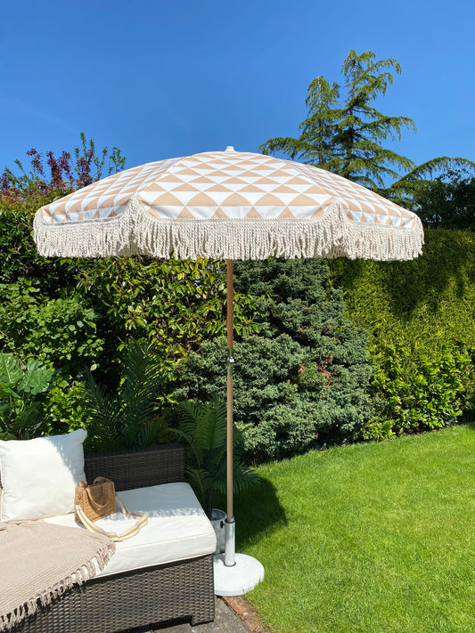 Beige White Fringe Parasol Umbrella Print