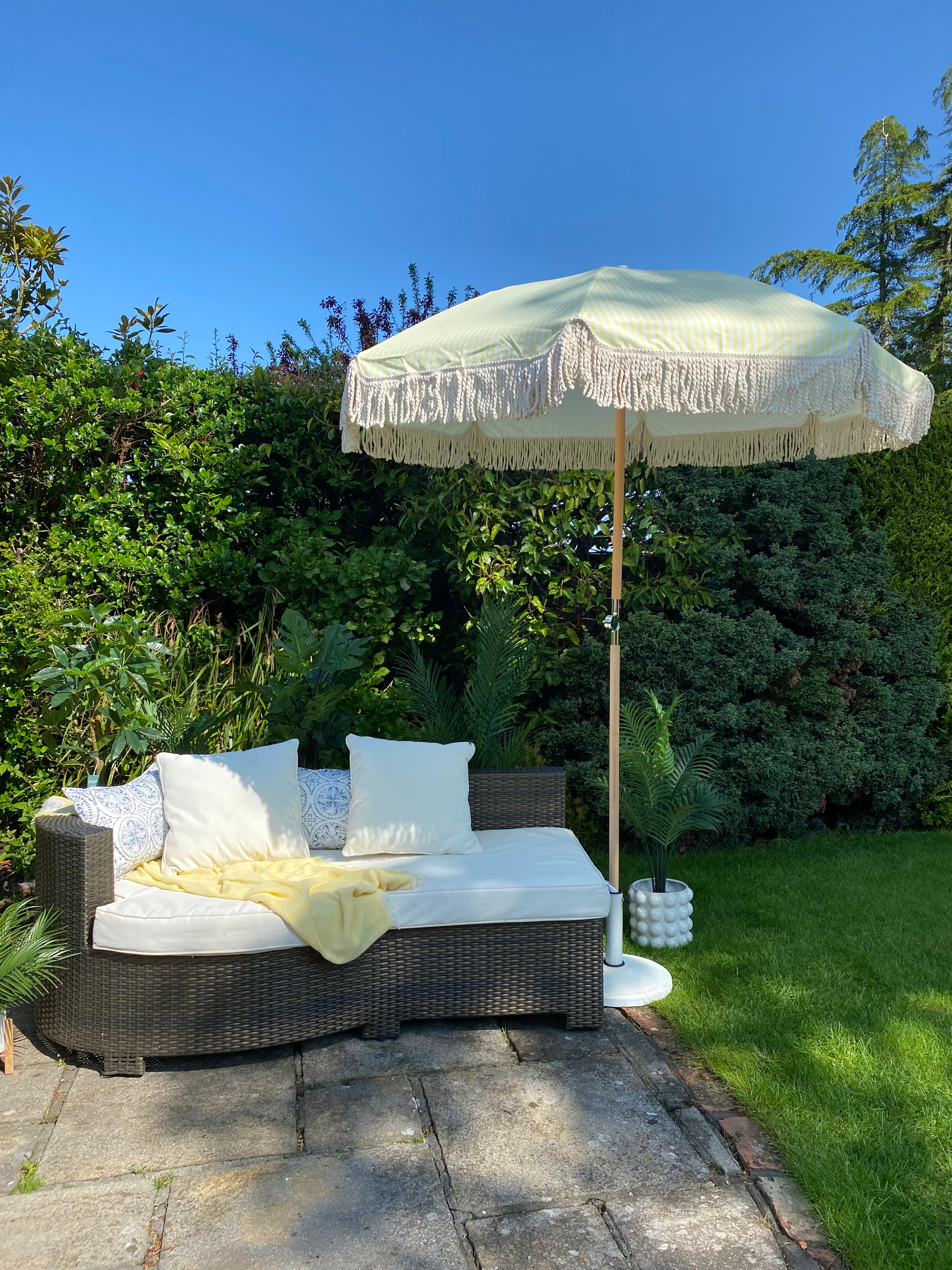 'The Elodie' Lemon Yellow and White Boho Striped Print Vintage Garden Parasol Umbrella With Cotton Fringe