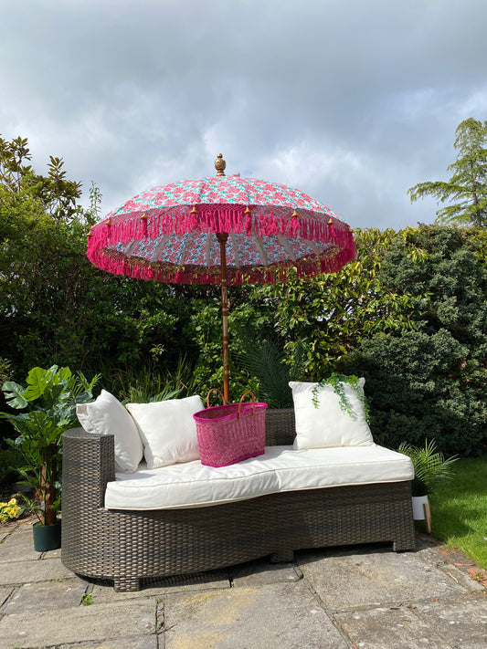 green and pink floral tropical bali parasol
