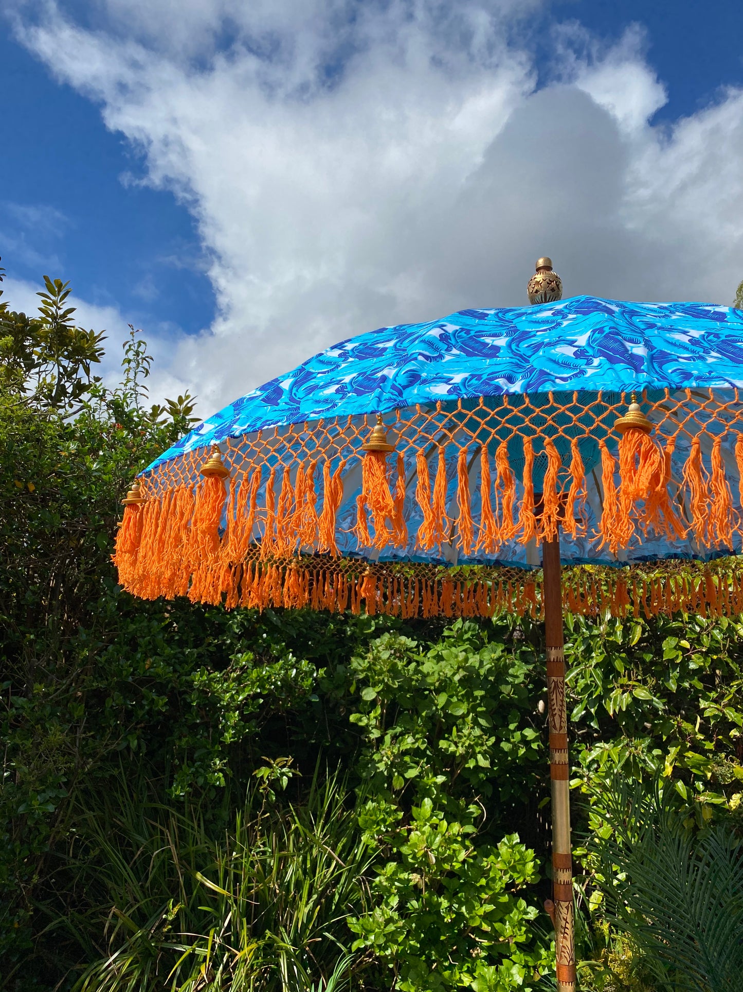'The Chaya' Blue Printed and Orange Tassel Bali Print Parasol