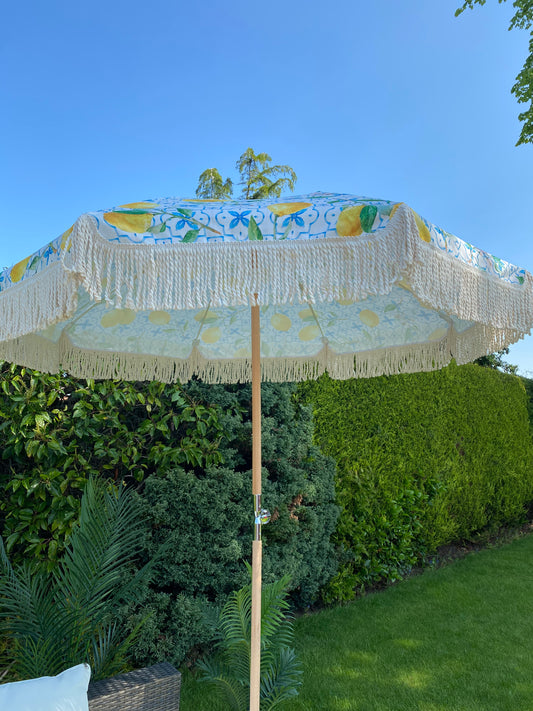 lemon and blue print parasol umbrella image garden
