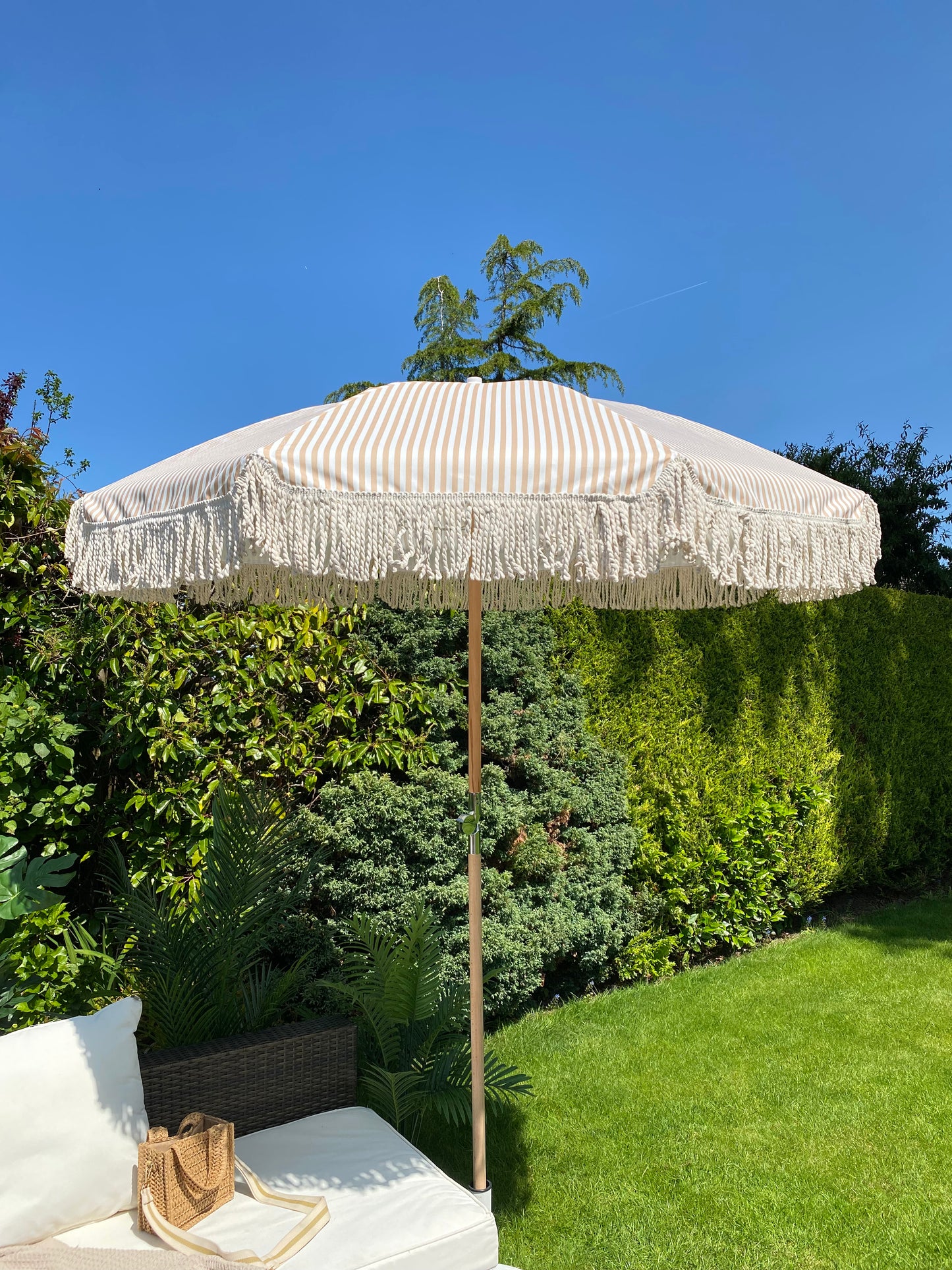 Beige and white striped vintage style sun garden parasol umbrella