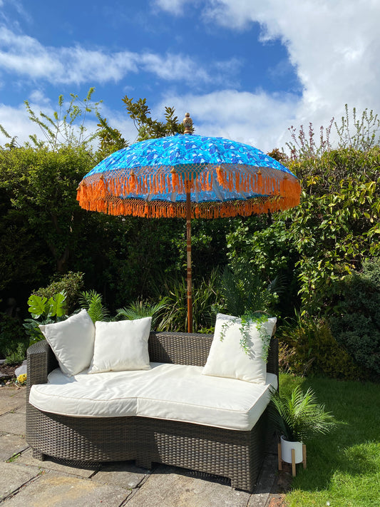 'The Chaya' Blue Printed and Orange Tassel Bali Print Parasol