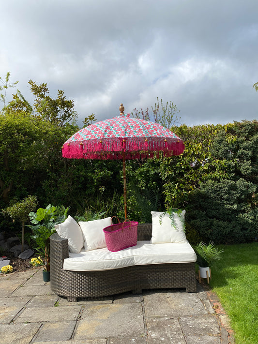 green and pink bali parasol umbrella