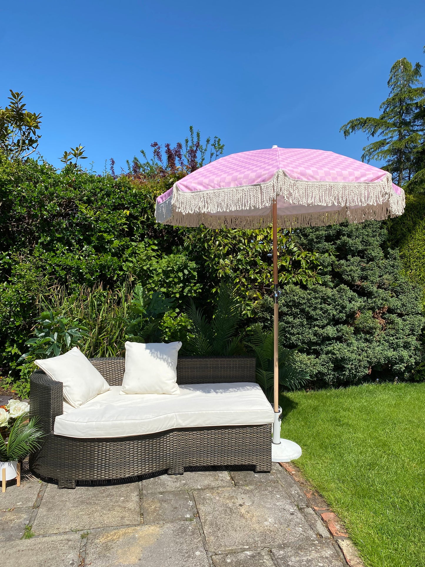 pastel pink and lilac check parasol