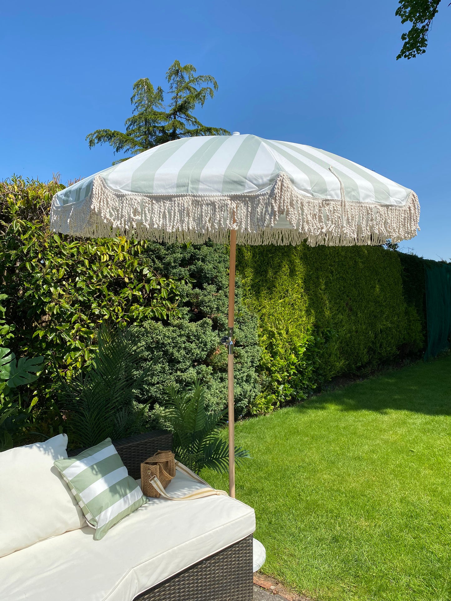sage green and white thick striped parasol umbrella image