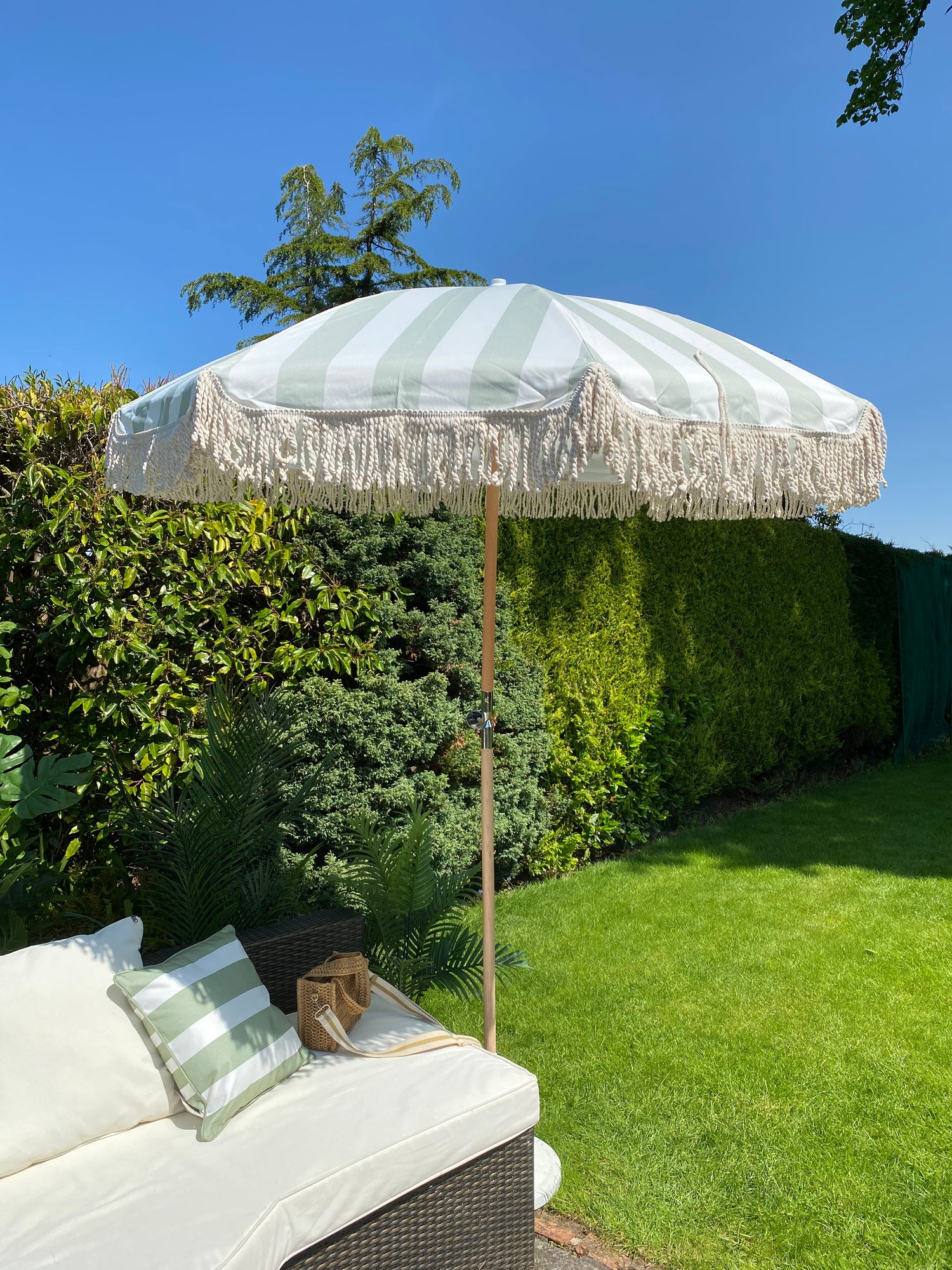 sage green and white thick striped parasol umbrella image
