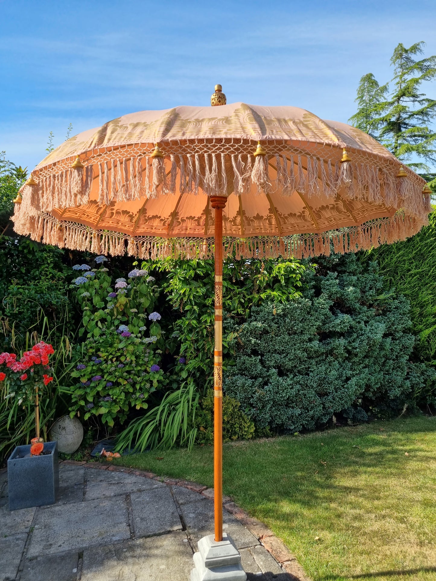 beige brown balinese parasol umbrella with gold paint