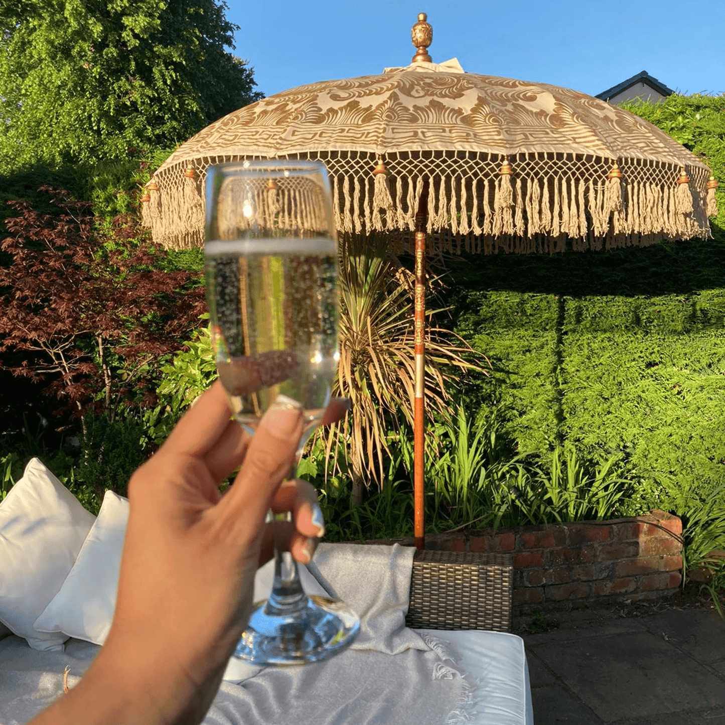 beige brown parasol socialising picture