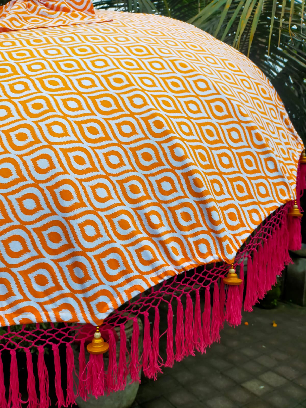 Handmade Balinese Collection Authentic Boho Style Sun Garden Parasol Pink and Orange Printed Fabric Umbrella