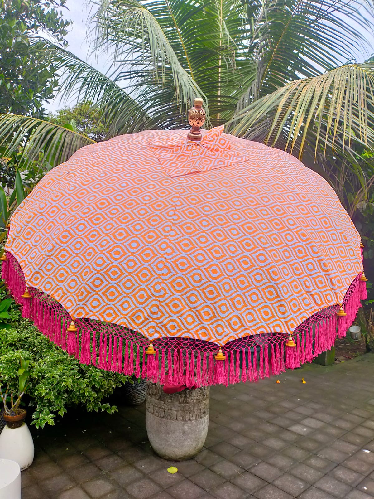 Handmade Balinese Collection Authentic Boho Style Sun Garden Parasol Pink and Orange Printed Fabric Umbrella