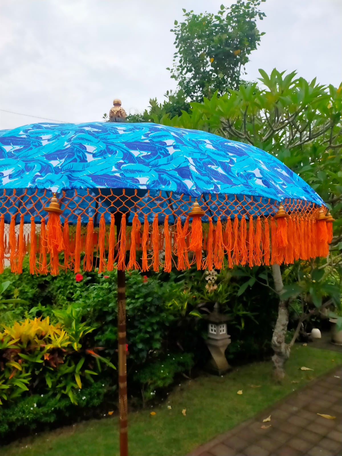 'The Chaya' Blue Printed and Orange Tassel Bali Print Parasol