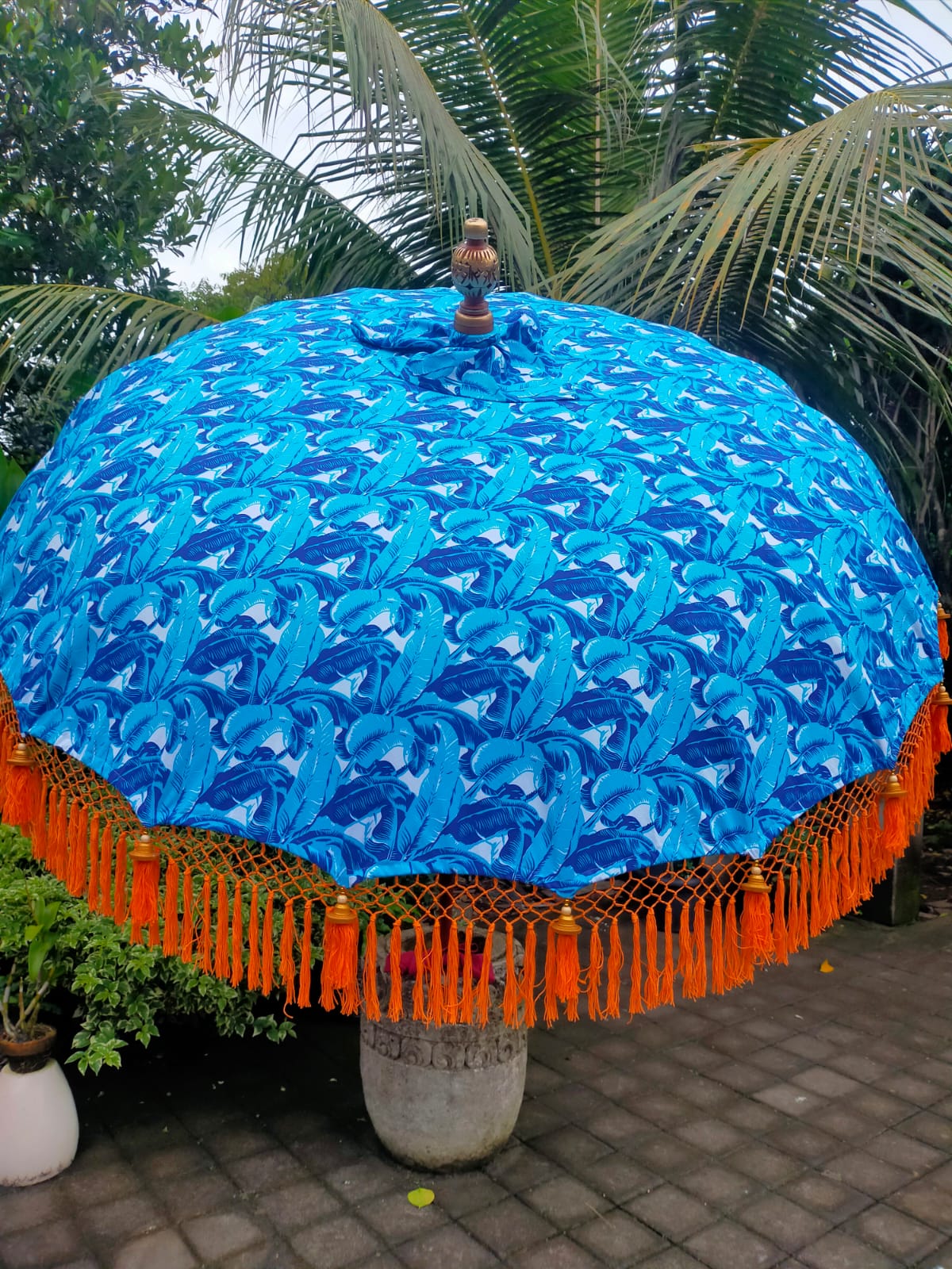 'The Chaya' Blue Printed and Orange Tassel Bali Print Parasol