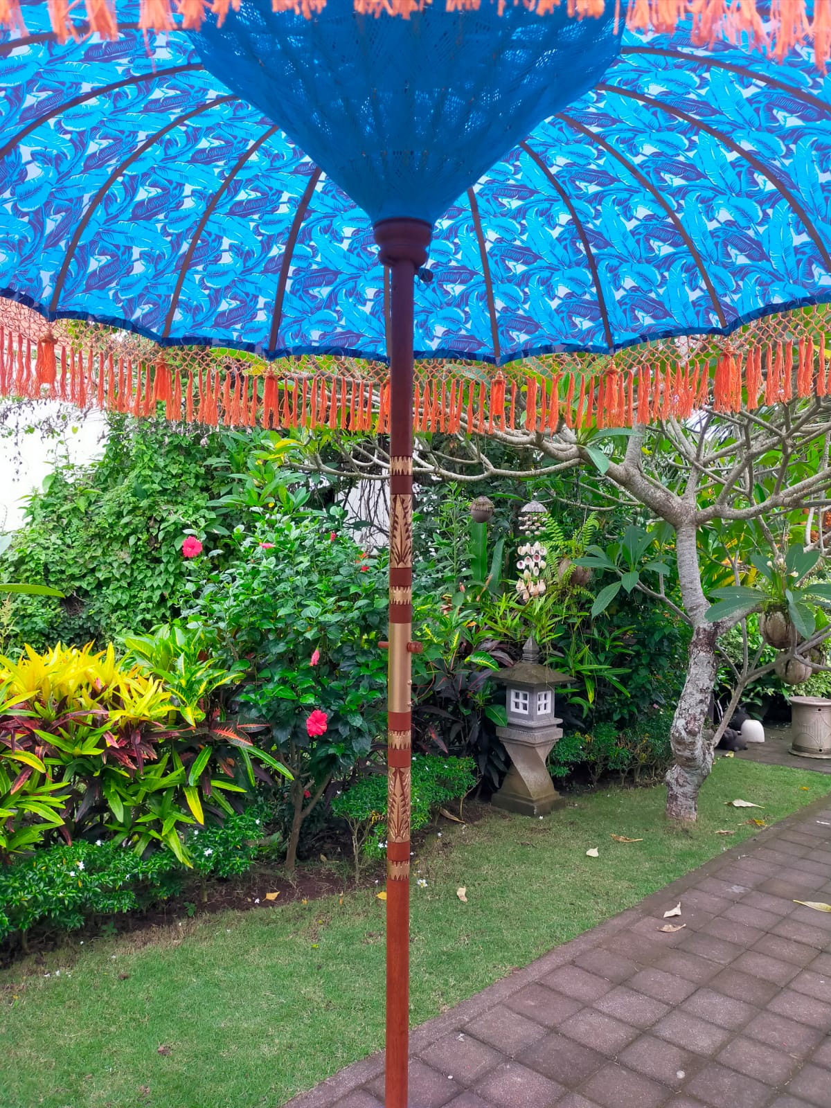 'The Chaya' Blue Printed and Orange Tassel Bali Print Parasol