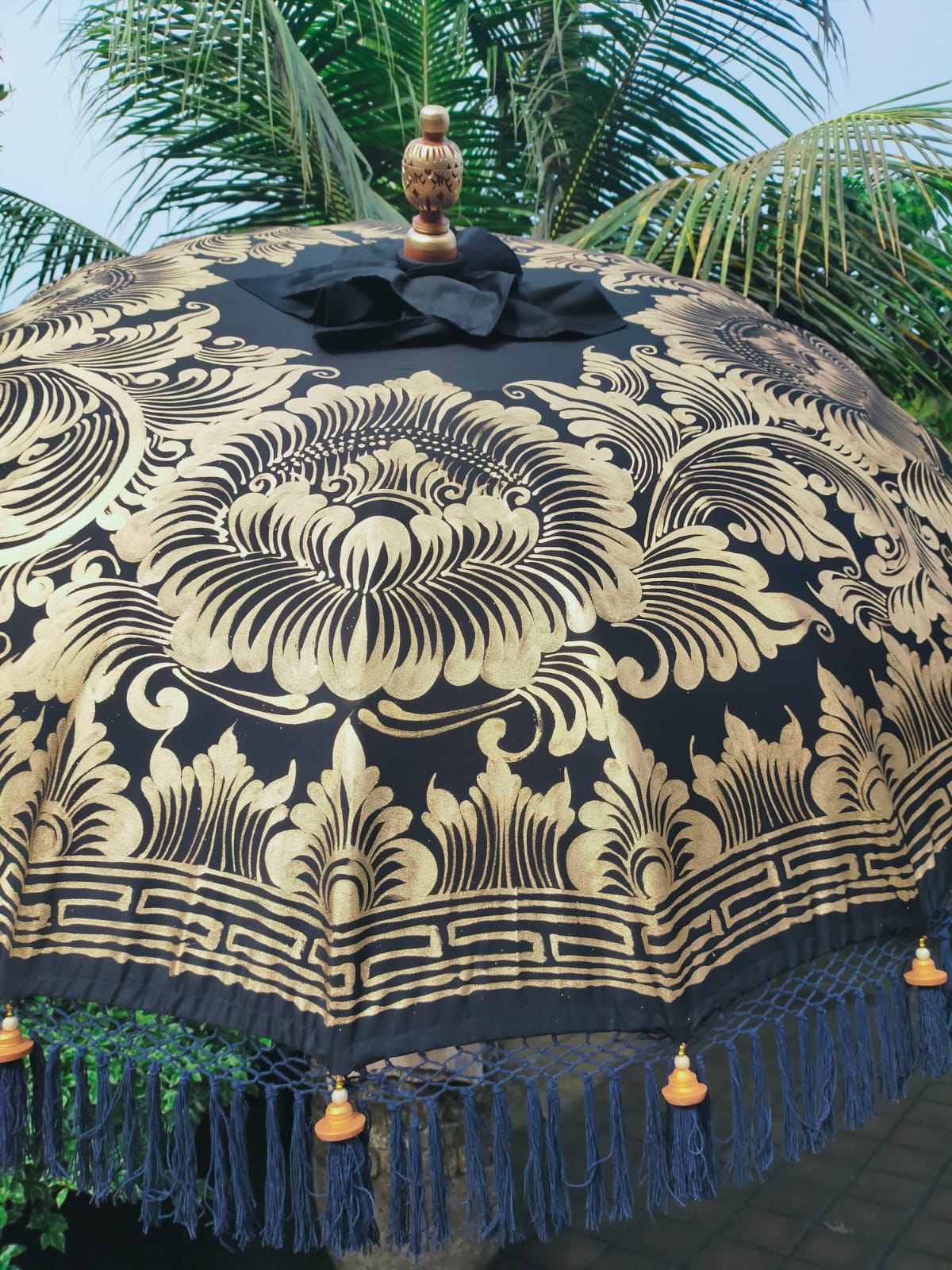 close up image balinese black parasol umbrella detail handmade