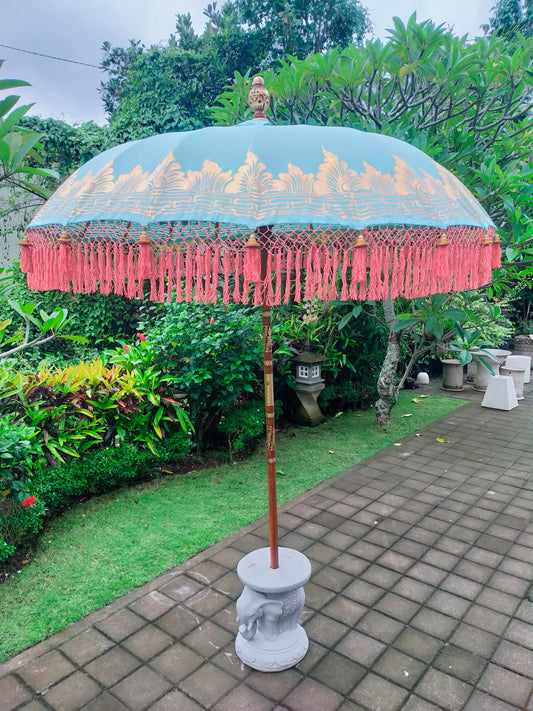 mint green blue bali parasol umbrella with peach tassels