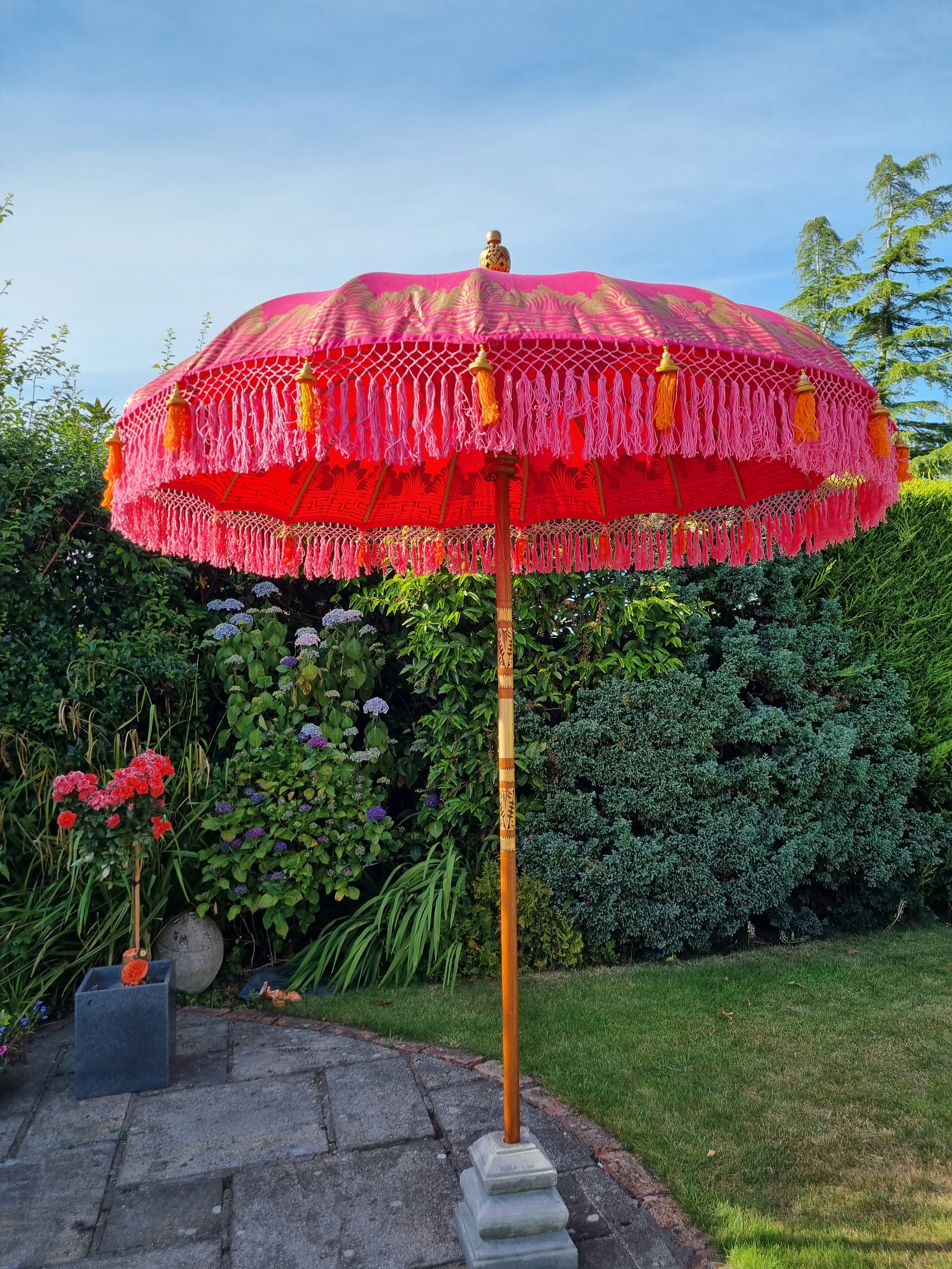 The Aurora Bright Fuchsia Pink and Orange Fringe Bali Sun Garden Parasol Umbrella