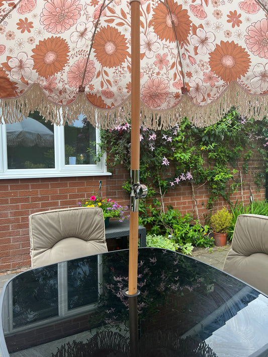 ‘The Aurelia’ Vintage White Canopy & Floral Print Underneath Boho Print Vintage Sun Umbrella Parasol