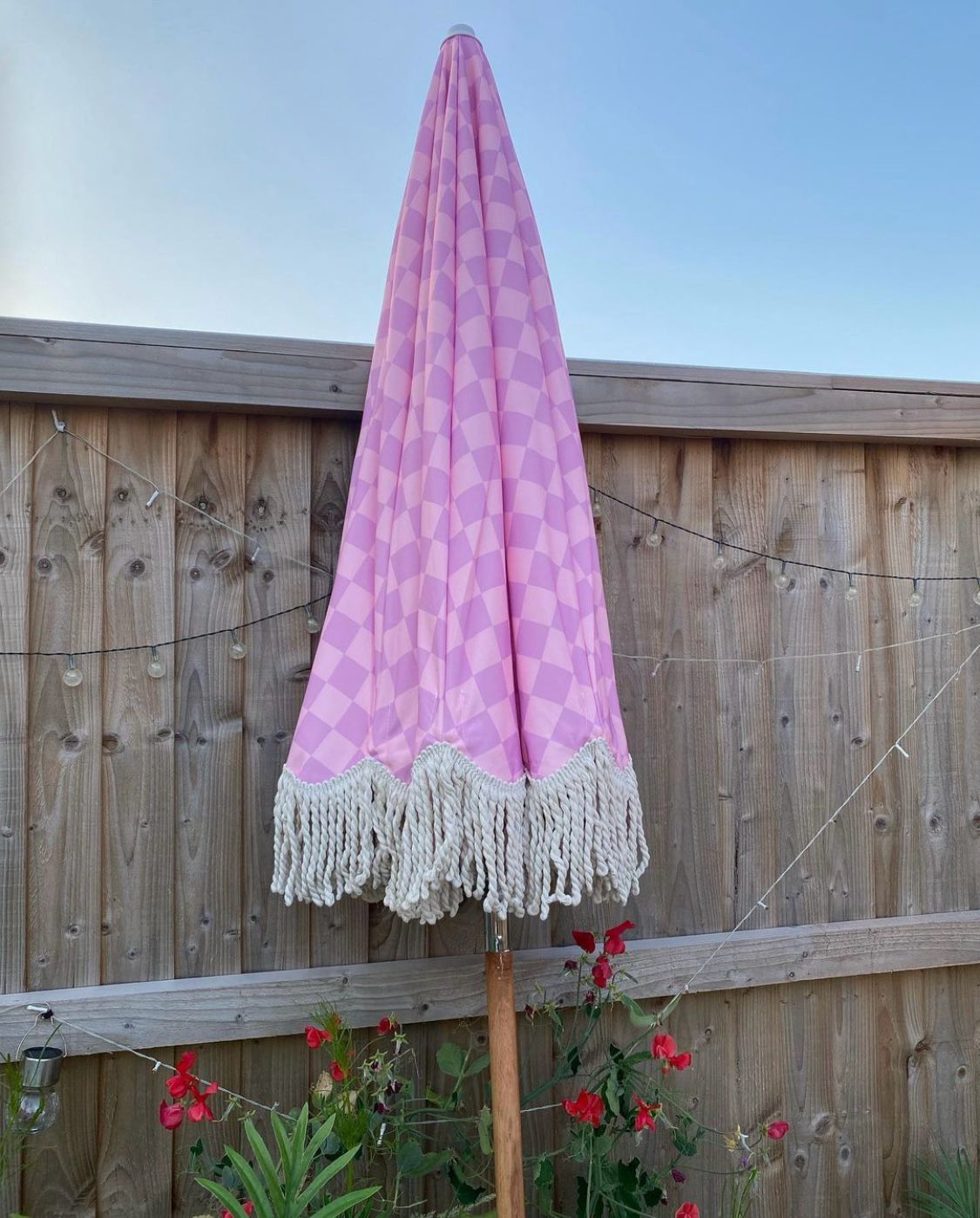 'The Zoe' Pink and Lilac Check Print Boho Parasol Umbrella Sun Garden Parasol