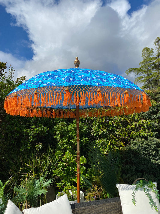 Blue and Orange Print Tassel Bali Parasol Umbrella picture