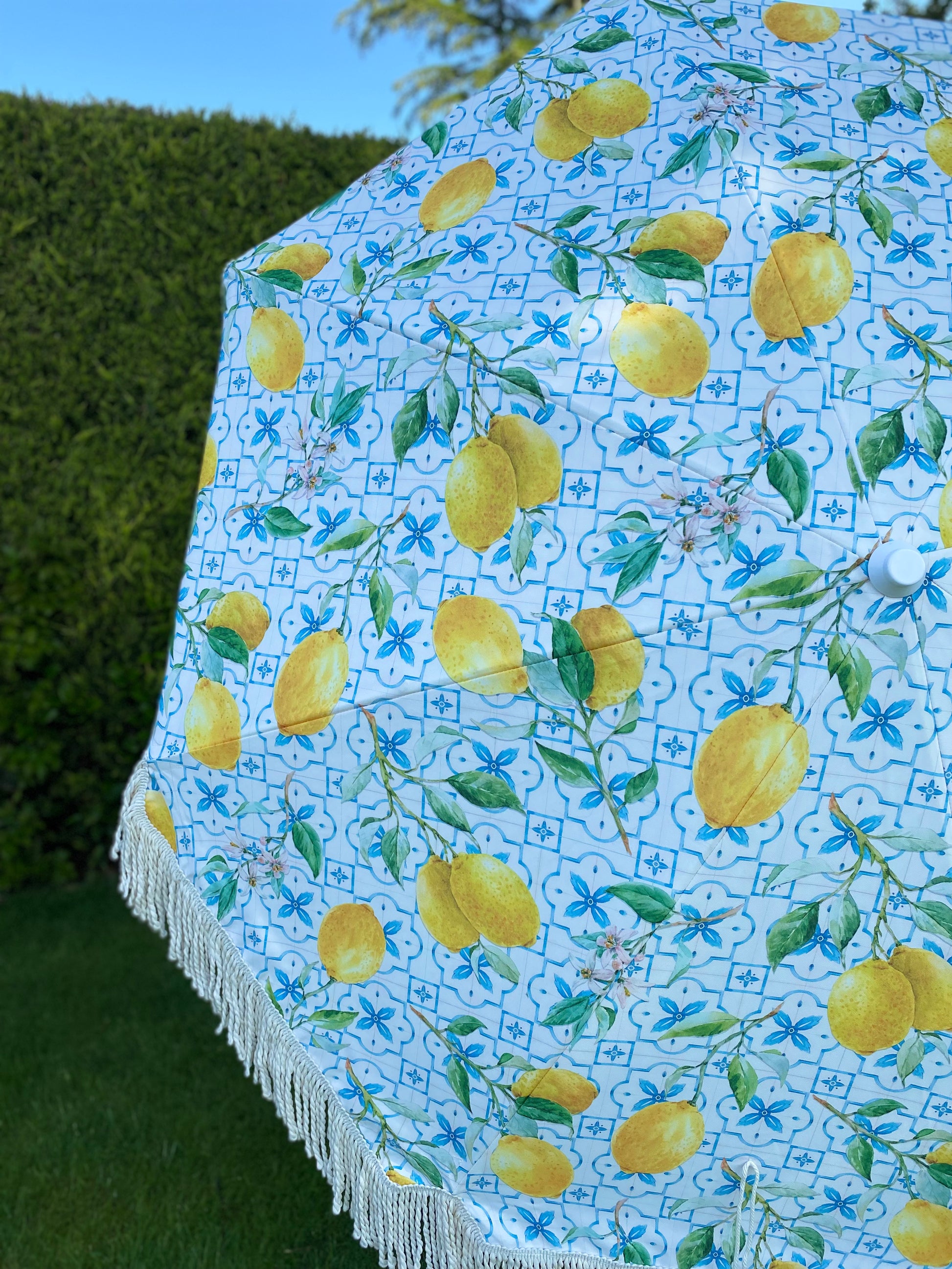 lemon patio umbrella 'The Bella' Lemon Print and Blue Pattern Boho Retro Parasol Umbrella Sun Garden Parasol