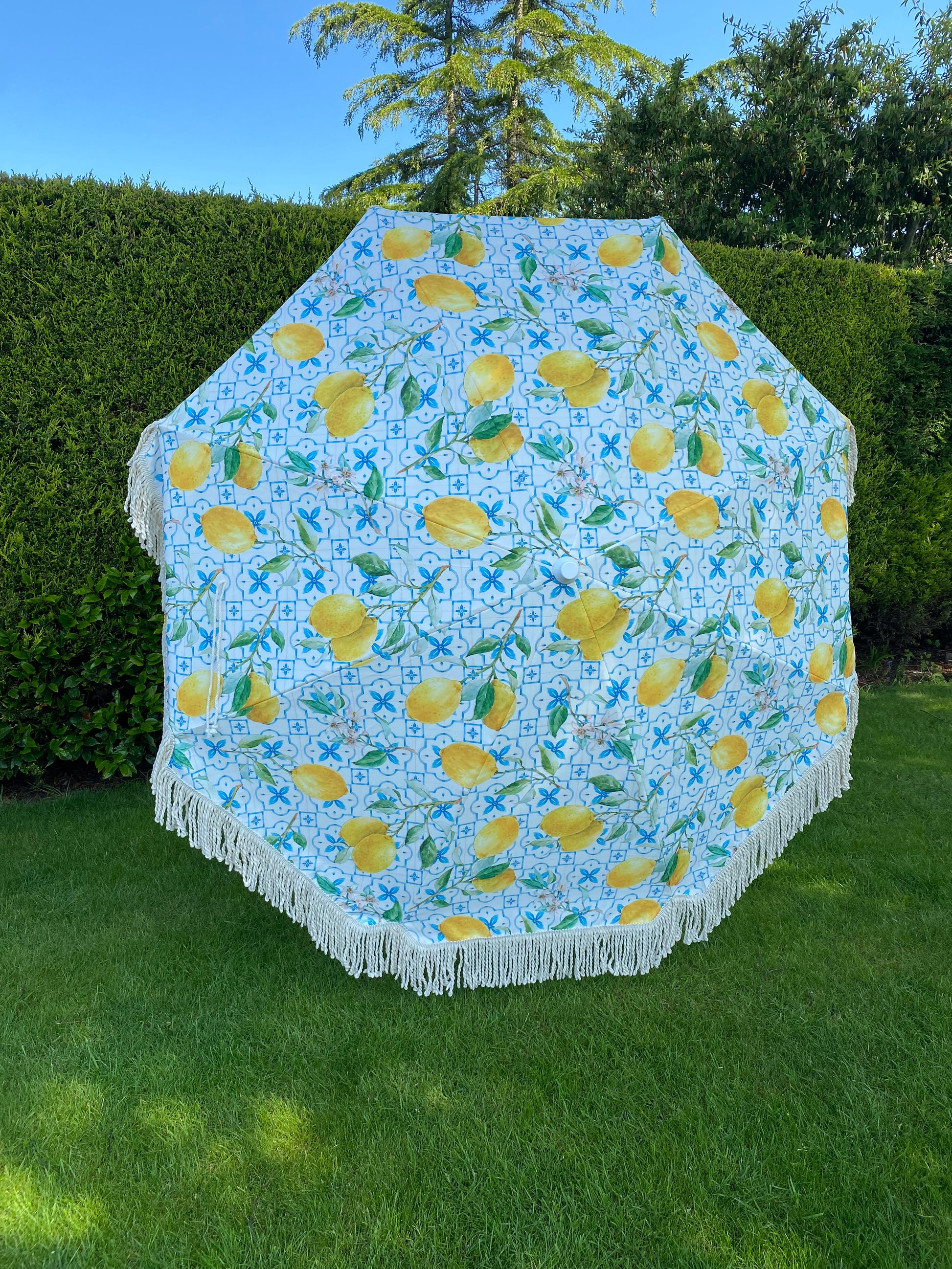 blue print patio umbrella 'The Bella' Lemon Print and Blue Pattern Boho Retro Parasol Umbrella Sun Garden Parasol