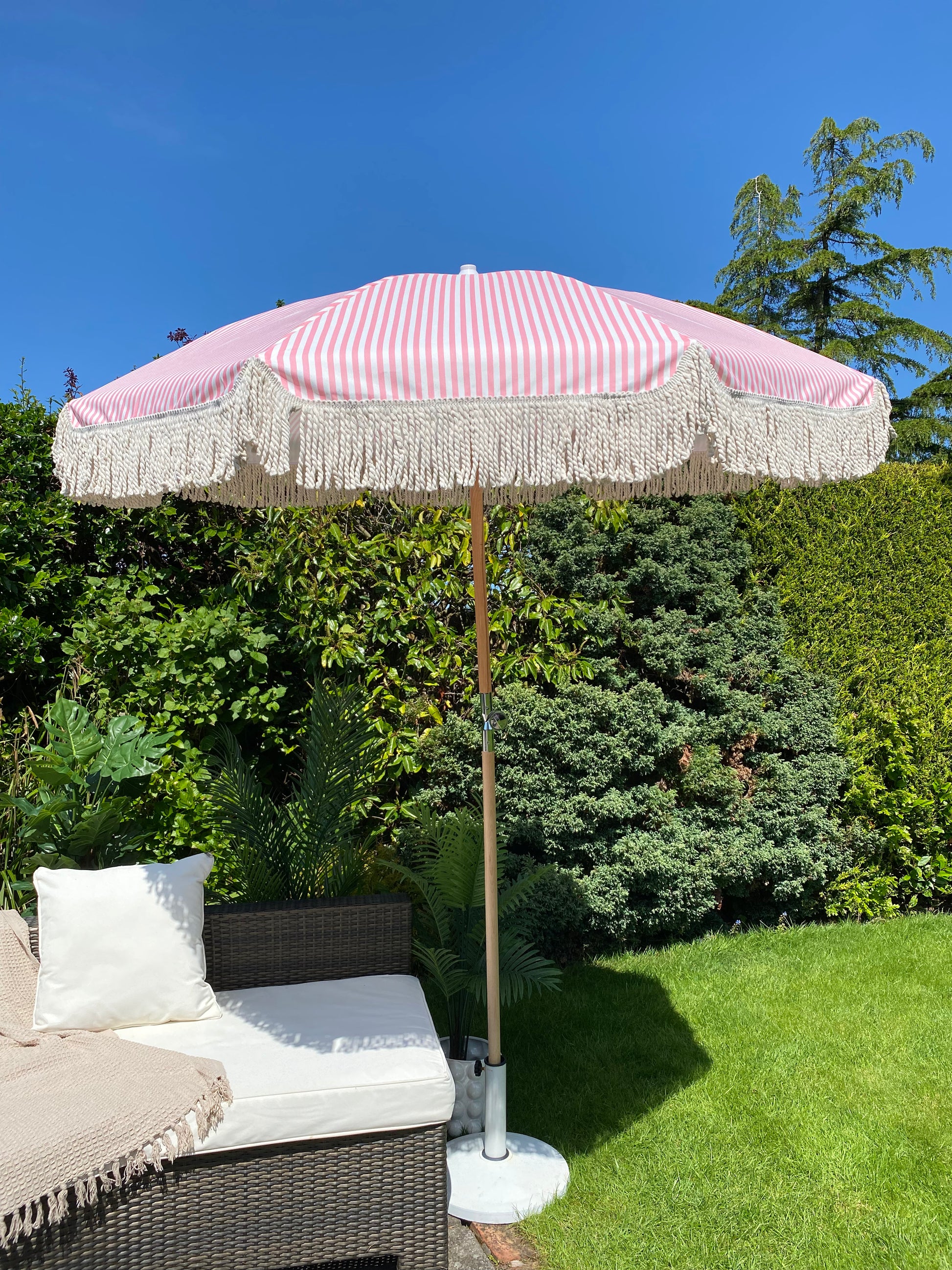 french country patio umbrella 'The French 75' Pastel Pink and White Striped Candy Cane Design Print Boho Vintage Garden Sun Parasol Umbrella