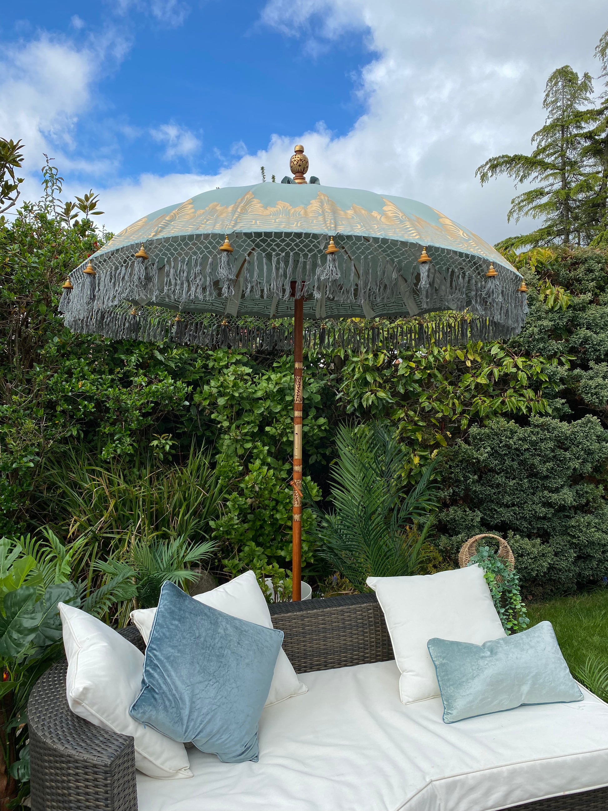 balinese patio umbrella 'The Lila' Lemon Yellow Bali Garden Parasol Sun ensuring every piece is unique with its own small Balinese Parasols | Handcrafted Garden