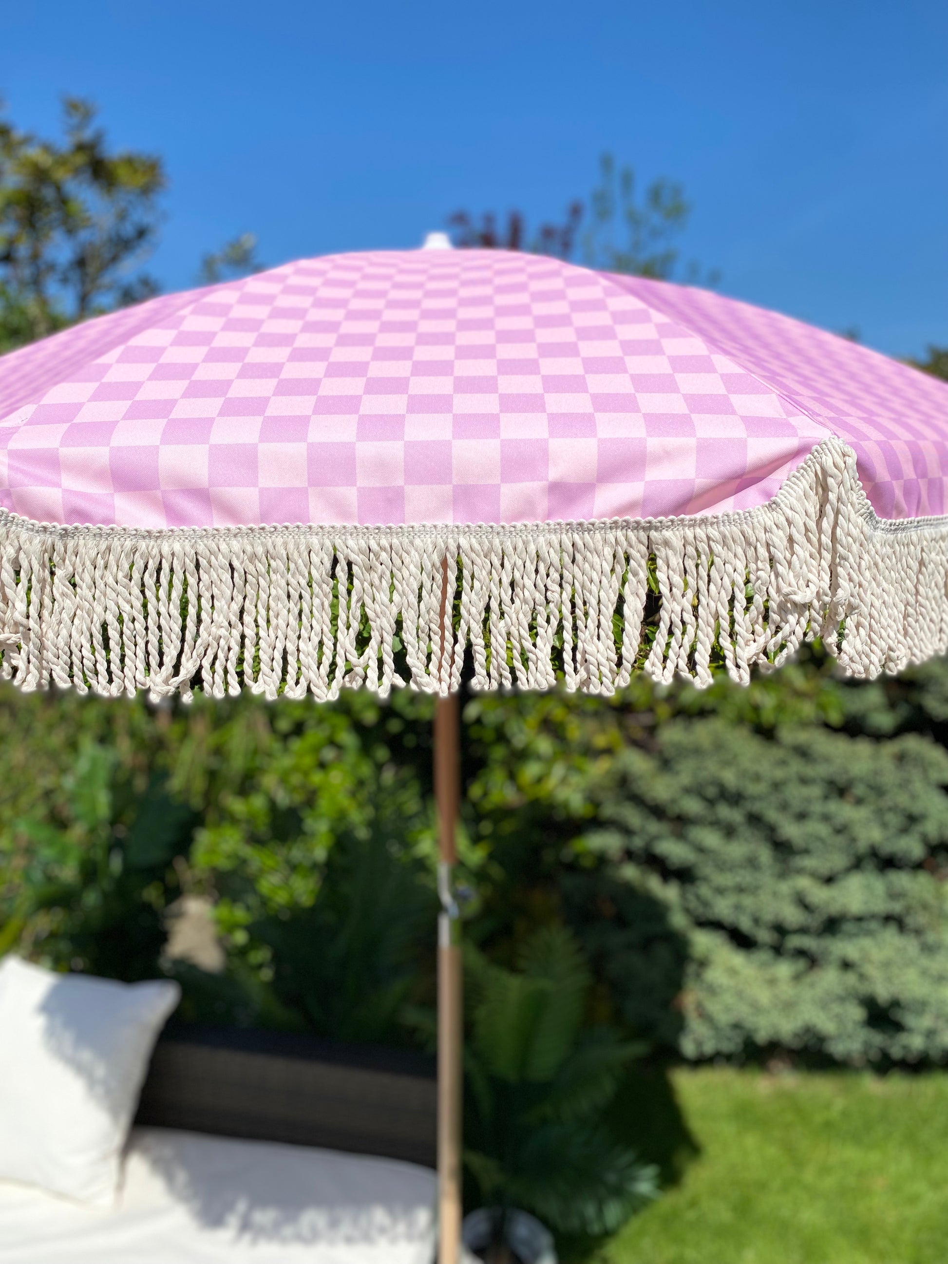 'The Zoe' Pink and Lilac Check Print Boho Parasol Umbrella Sun Garden Parasol