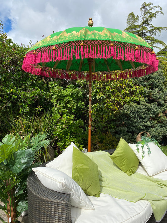 green and pink bali parasol umbrella
