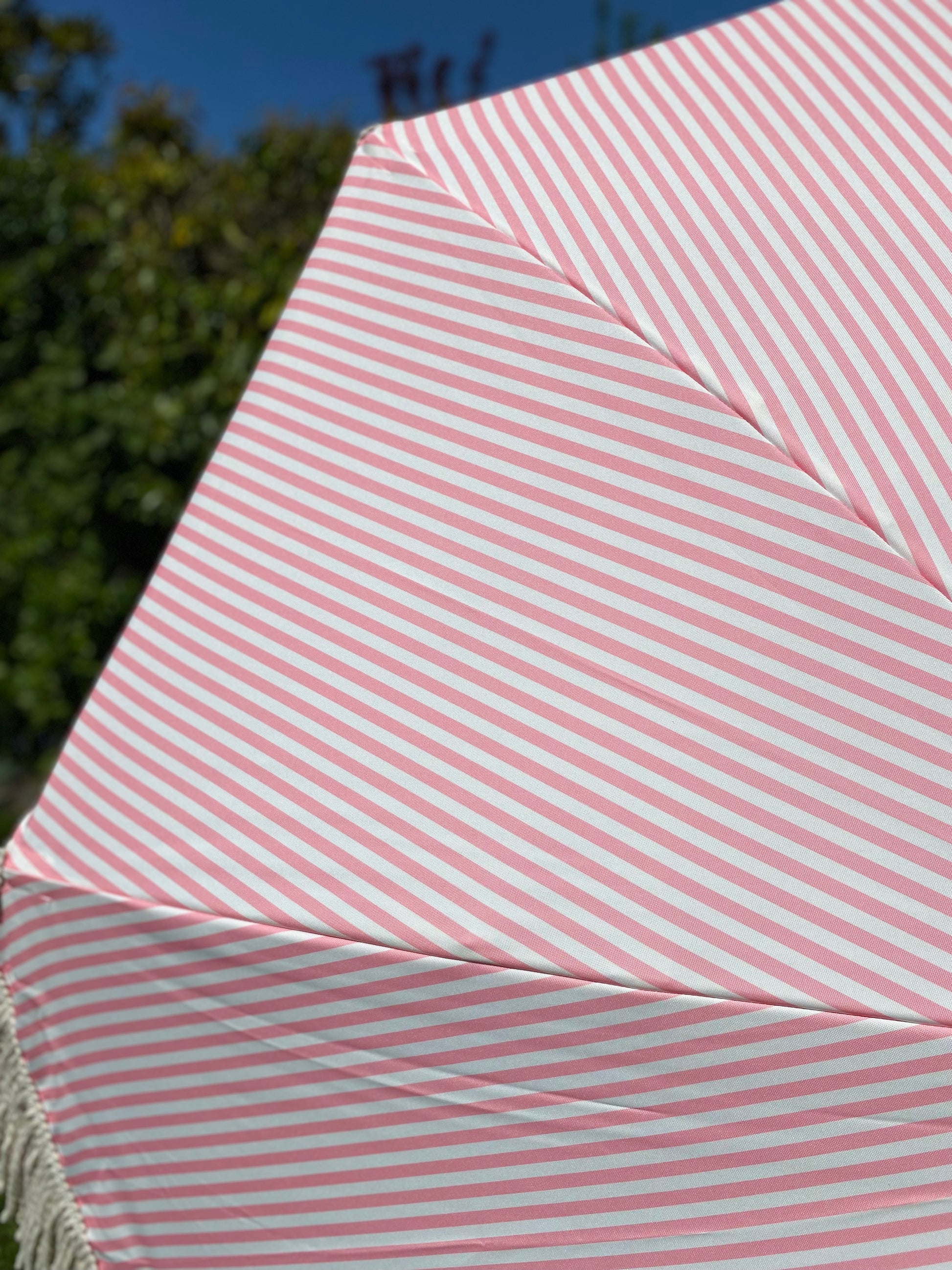 Close up image pink and white stripey parasol design