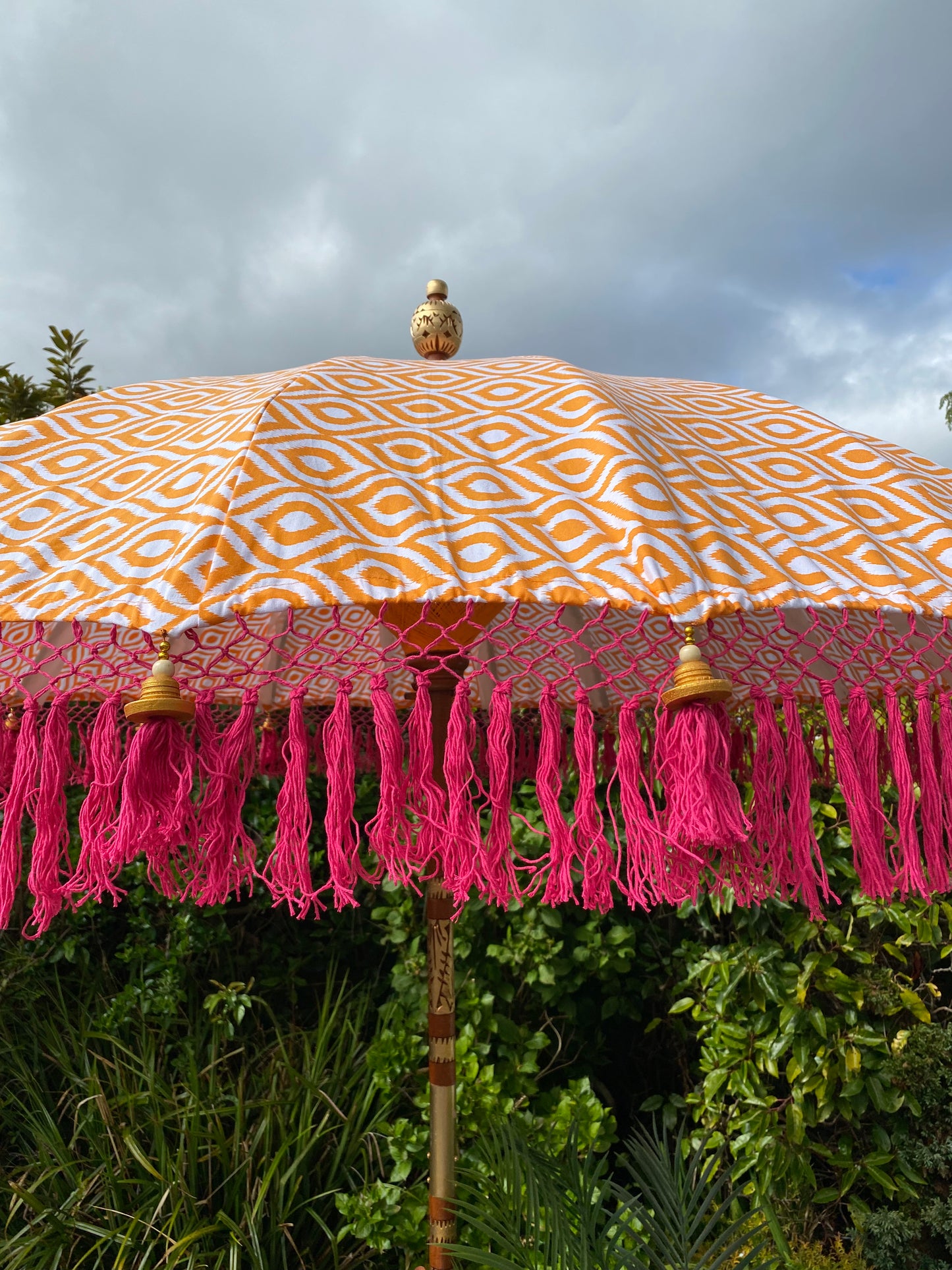 Handmade Balinese Collection Authentic Boho Style Sun Garden Parasol Pink and Orange Printed Fabric Umbrella