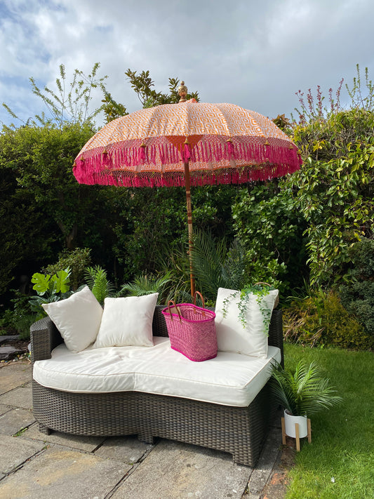 Handmade Balinese Collection Authentic Boho Style Sun Garden Parasol Pink and Orange Printed Fabric Umbrella