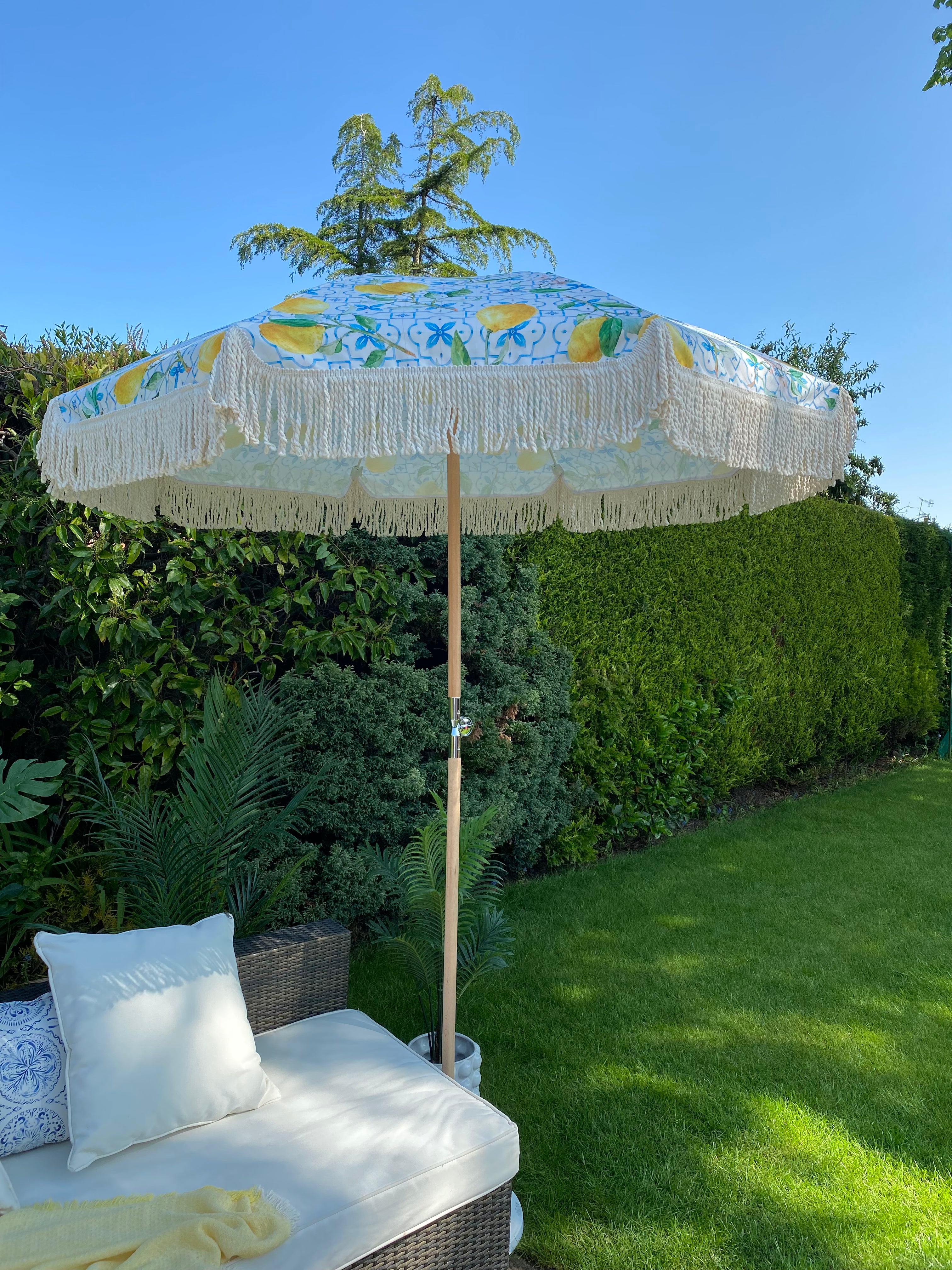 'The Bella' Lemon Print and Blue Pattern Boho Retro Parasol Umbrella Sun Garden Parasol