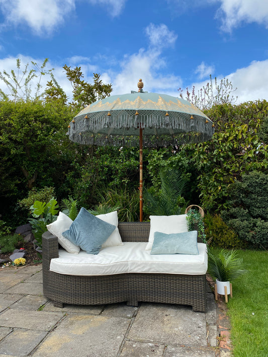sage green sun garden parasol umbrella with gold hand painted detail and fringe