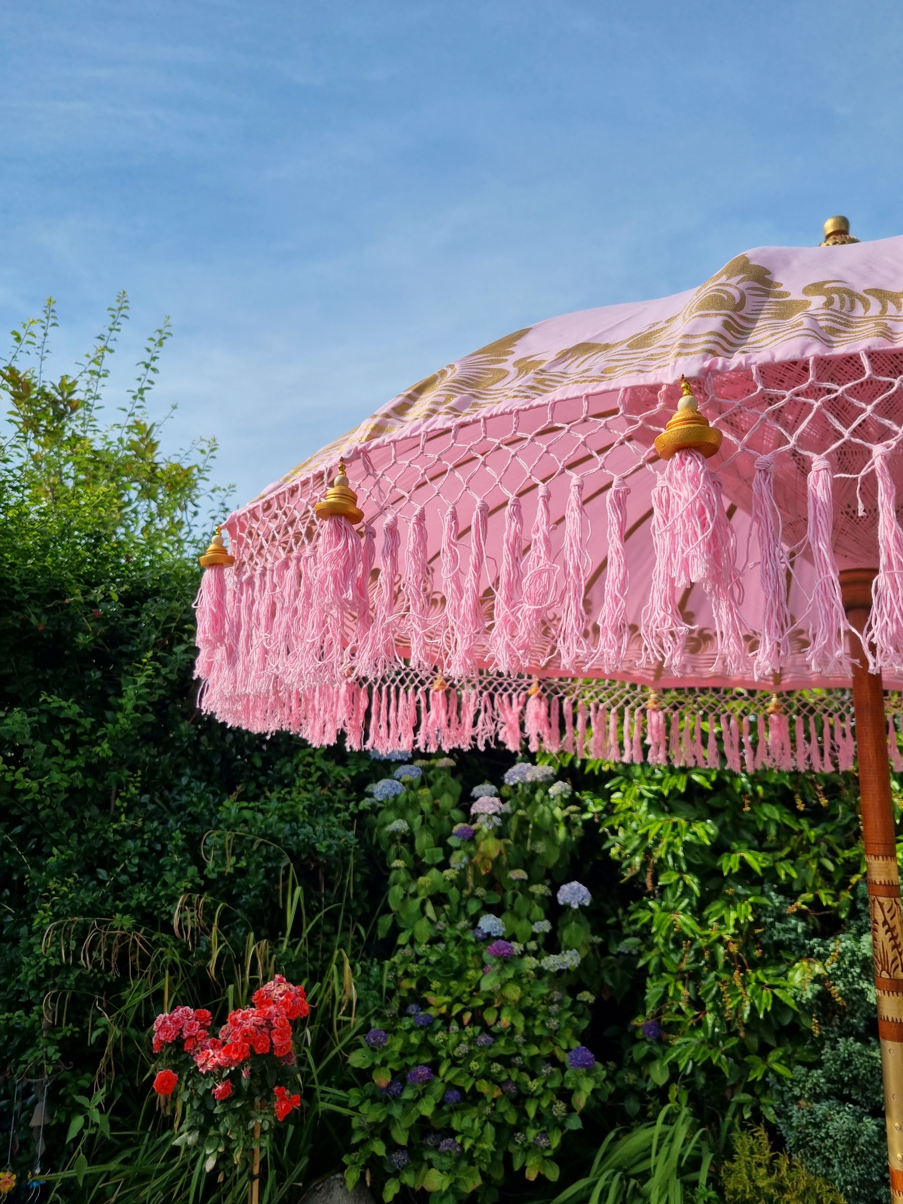 'The Aurelia' Pastel Pink Bali Garden Parasol With Pink Tassel Details on  Umbrella Canopy