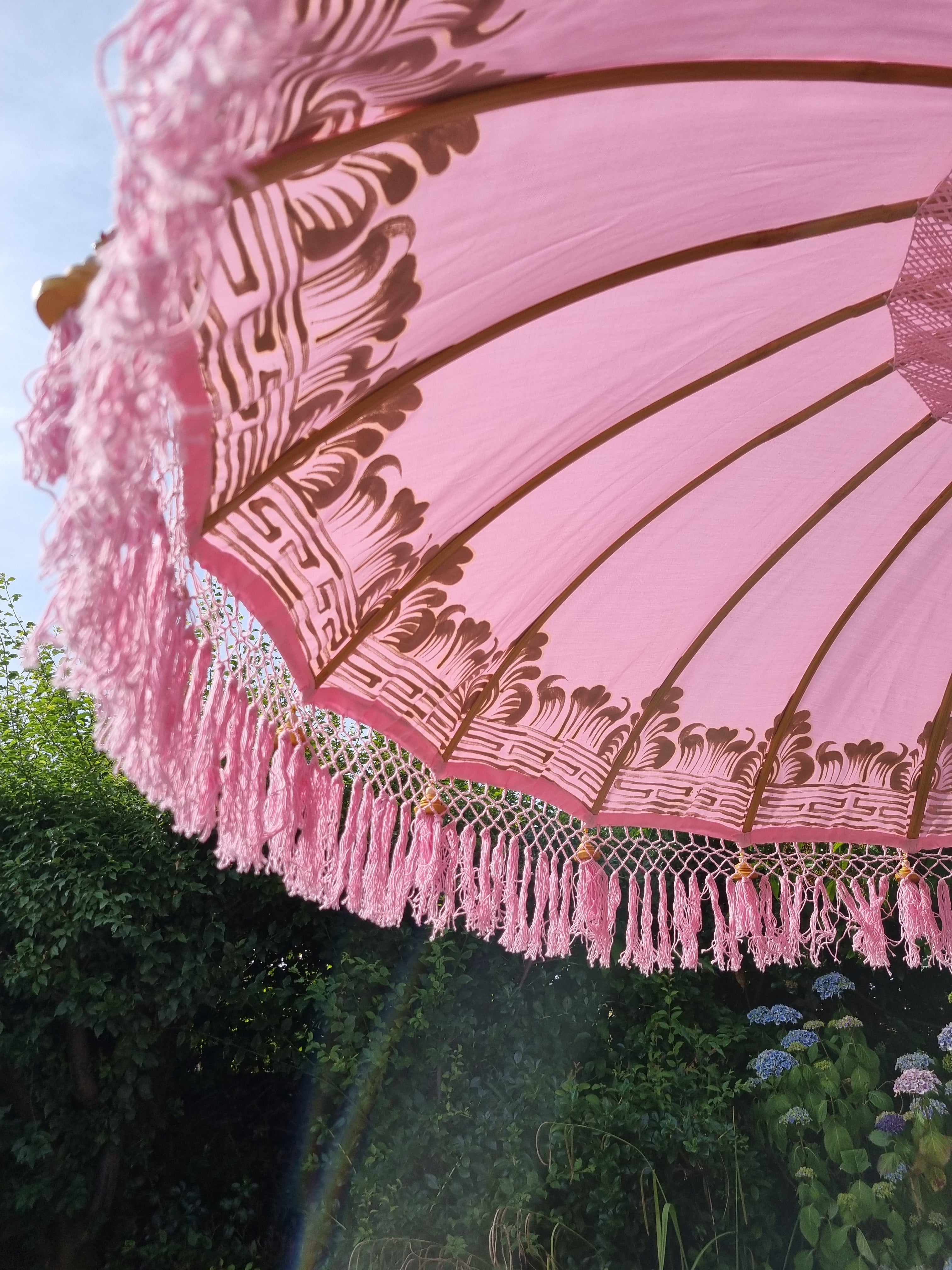 'The Aurelia' Pastel Pink Bali Garden Parasol With Pink Tassel Details on  Umbrella Canopy