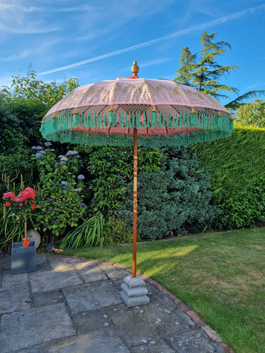 'The Una' Pastel Pink / Peach and Mint Green Tassels Bali Sun Garden Parasol Umbrella