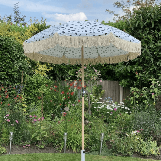 Black and White Mono Print Sun Umbrella Parasol Scenic Photo in Garden