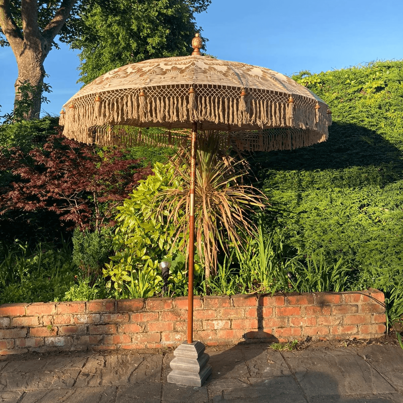 bali style patio umbrellas 'The Haven' Light Brown Beige Bali Parasol Handmade Sun Garden Umbrella