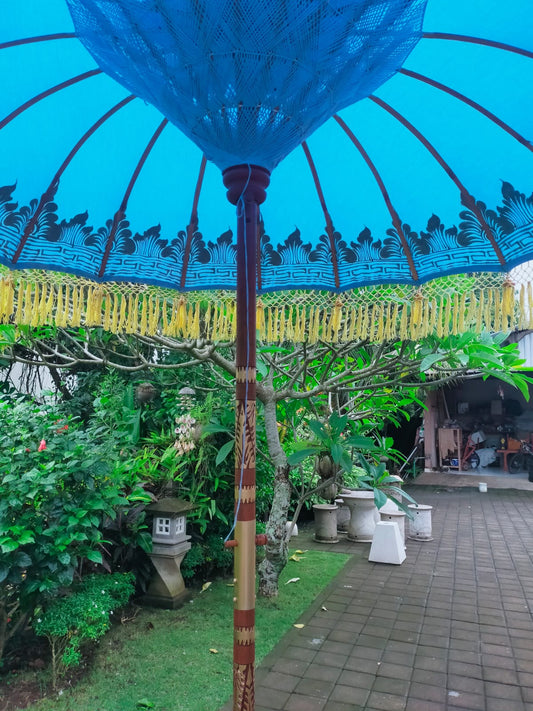 Close up image blue and yellow large bali parasol underneath image