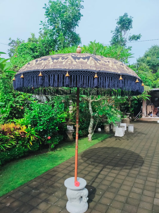 black balinese parasol umbrella with gold painted fringe and tassles image
